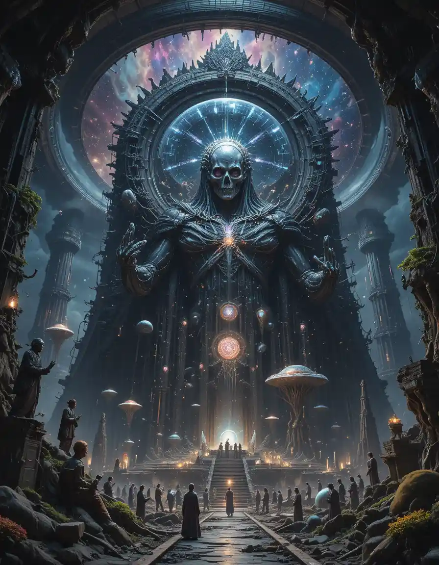 Awakening biomechanical deity in a collapsing cosmic core