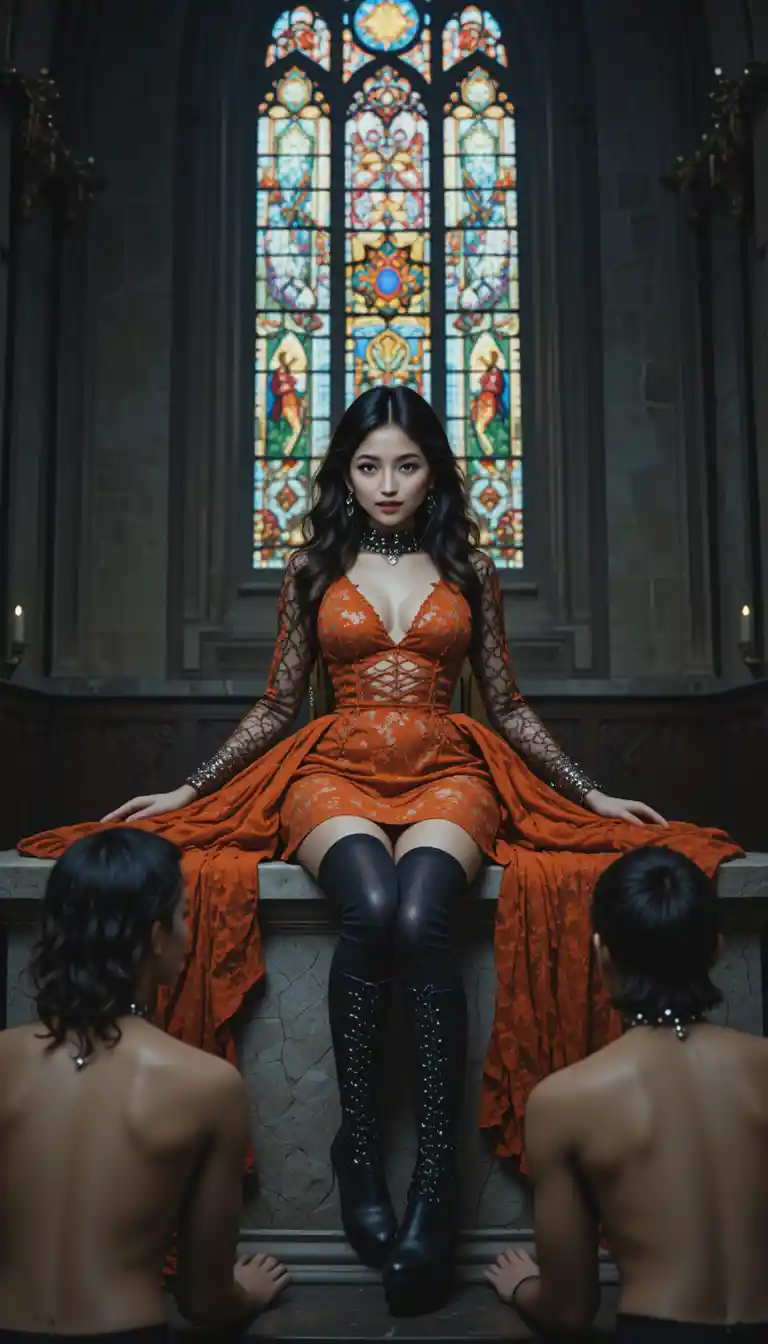 Gothic woman reclining on a church altar in lace