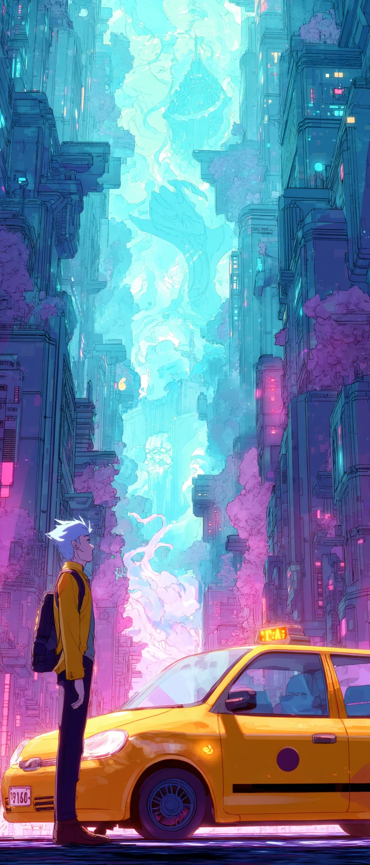 Tassista in stile anime che guida anime luminose attraverso la città al neon