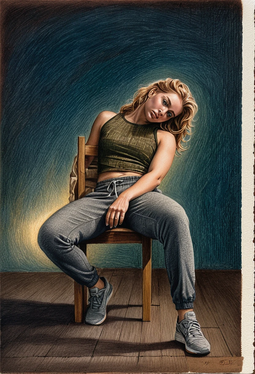 Seated blonde woman in moody spotlight pencil drawing