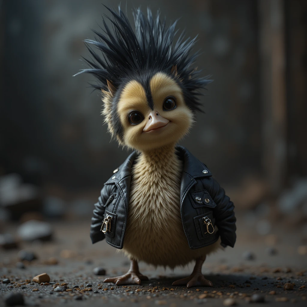 Cute duckling in leather biker jacket with rocker hair