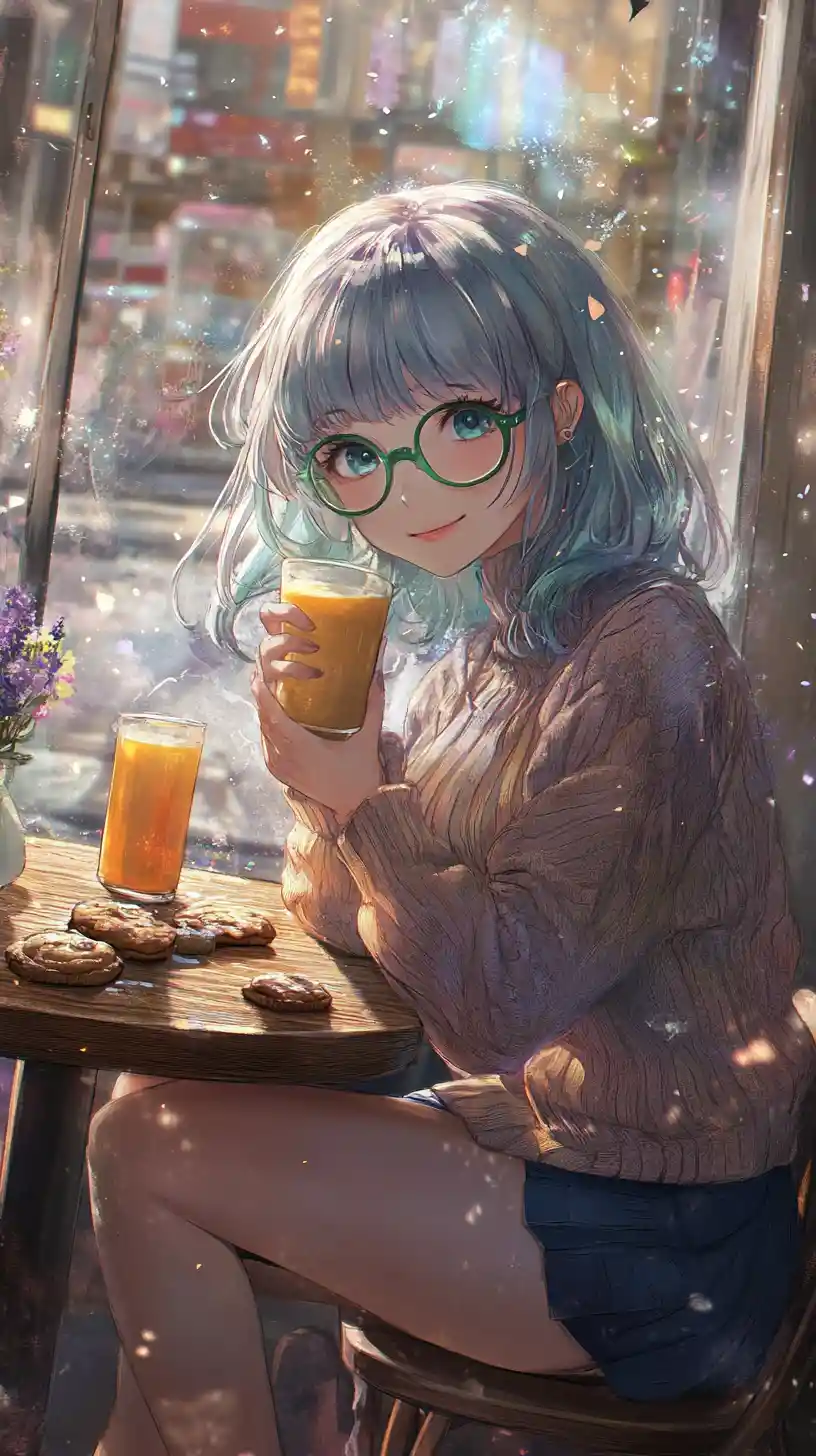 Anime girl relaxing with orange juice in cozy city cafe