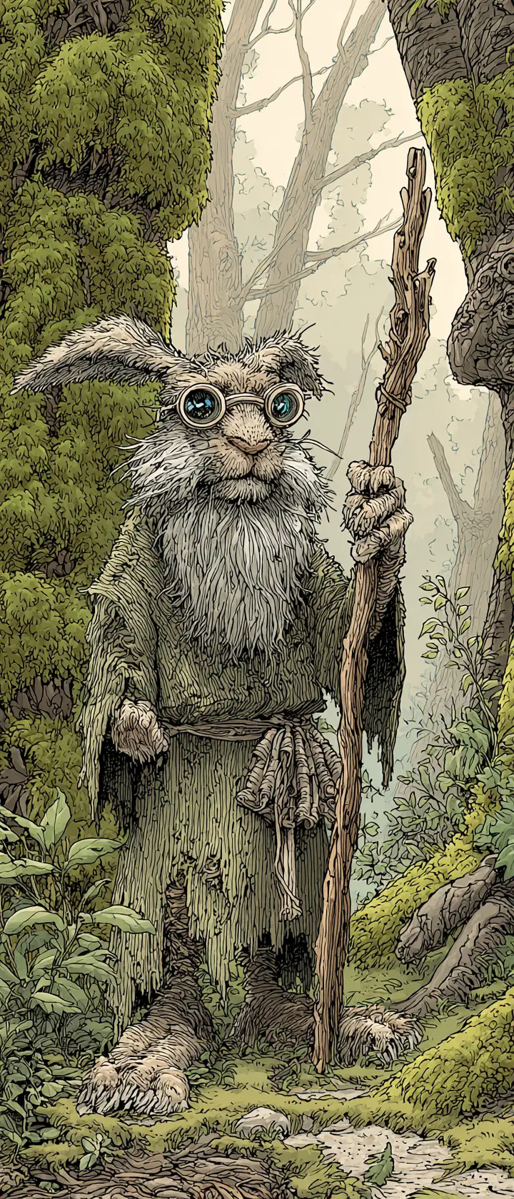 Elderly wizard rabbit in a mystical ancient forest