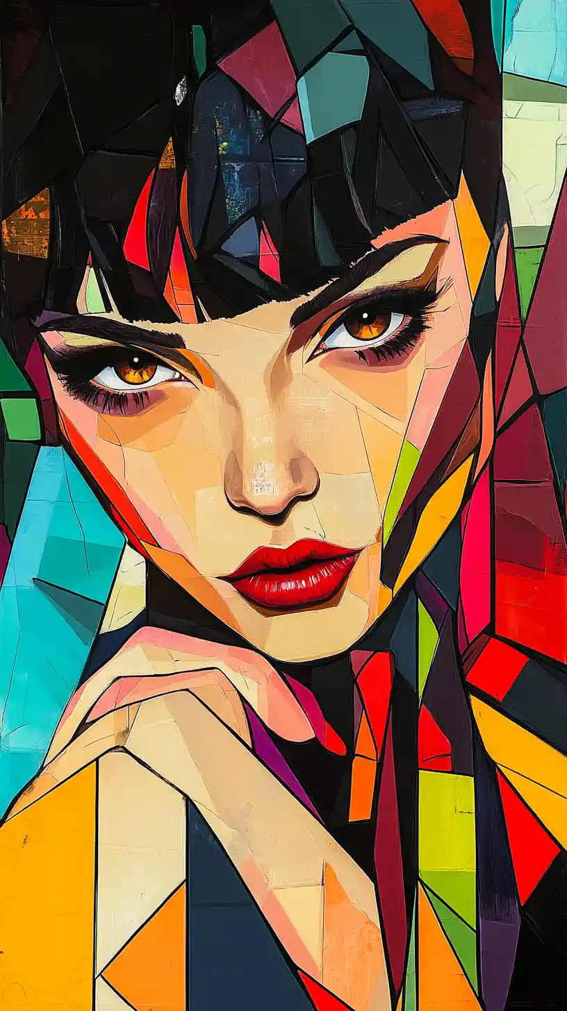 Color blocked portrait of a confident woman in abstract shards