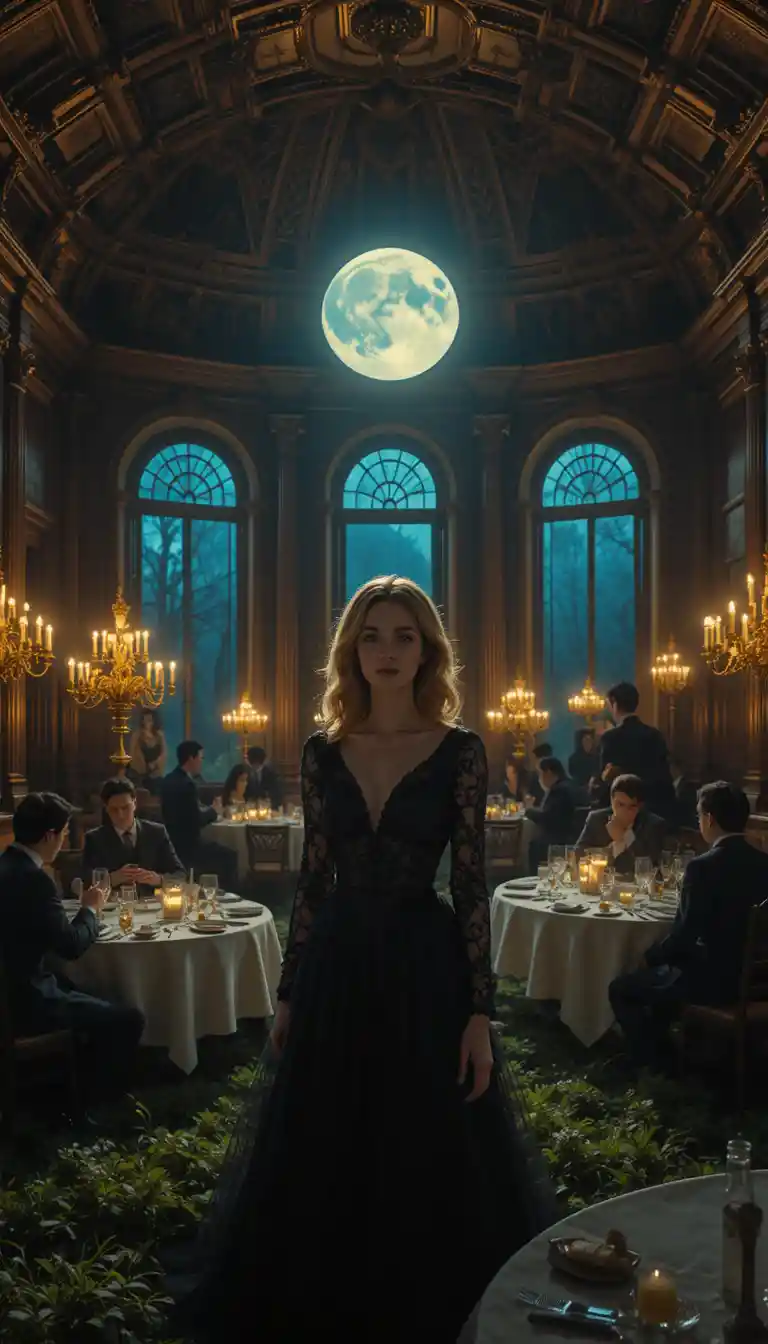 Woman in black lace in a moonlit surreal drawing room