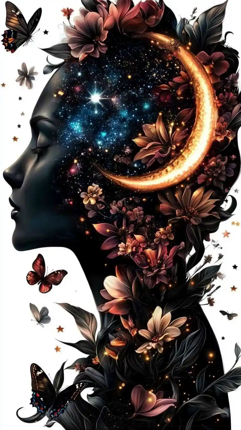 Floral Female Silhouette With Celestial Botanical Elements