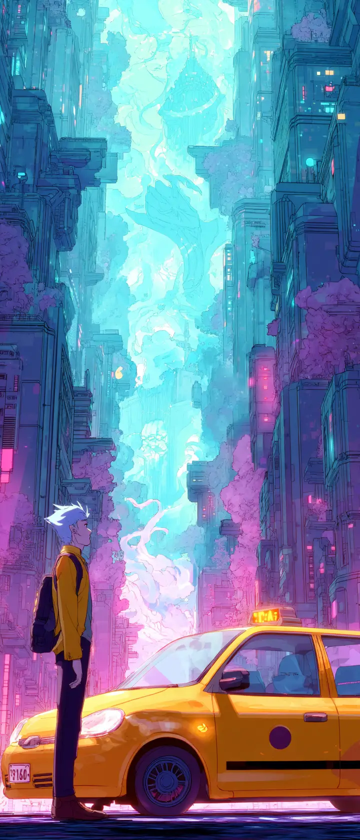 Anime taxi driver guiding glowing souls through neon city