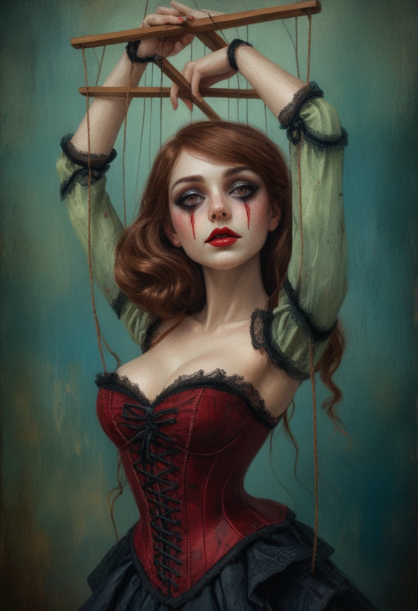 Donna marionetta dai capelli ramati in un ritratto fantasy cinematografico