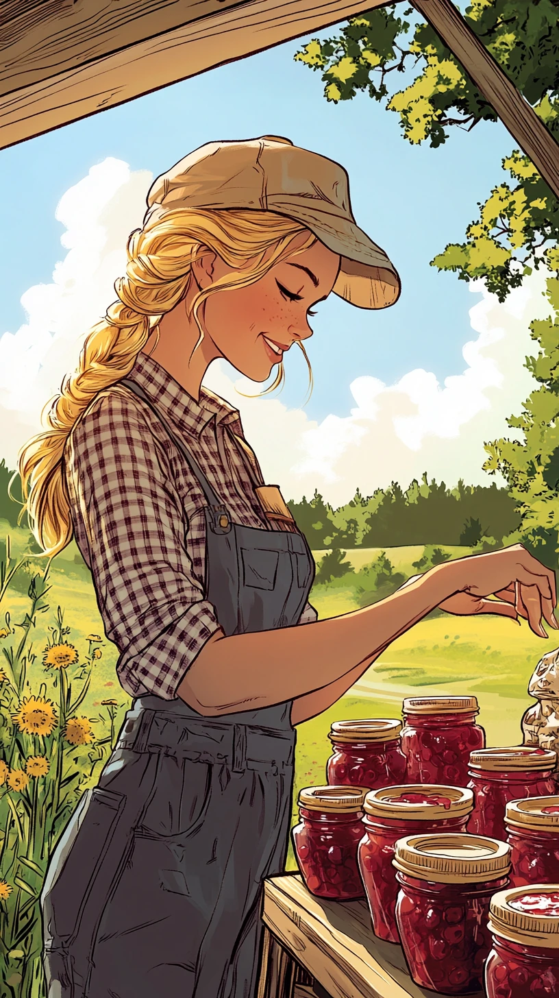Blonde farm girl at a rustic Vermont jam roadside stand