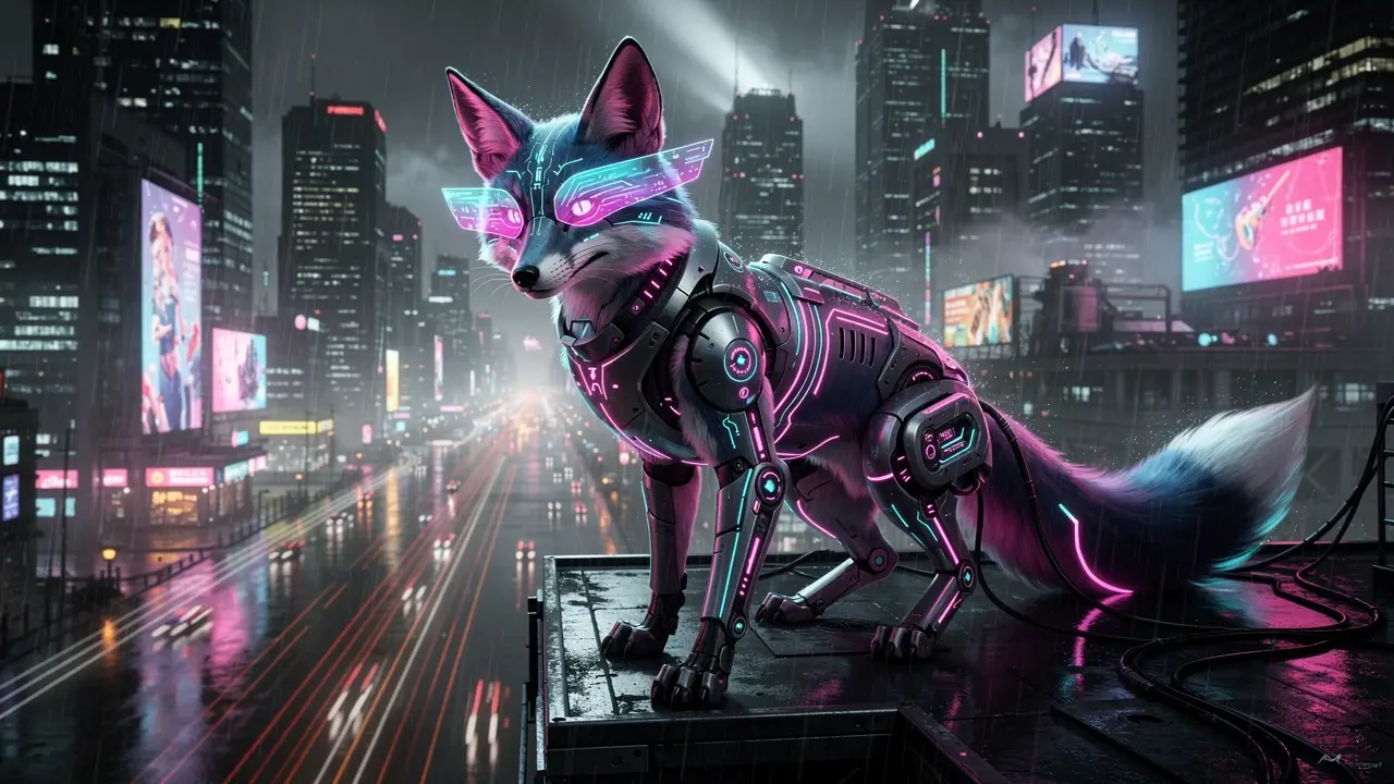 Zorro cibernético en azotea de neón en ciudad cyberpunk lluviosa