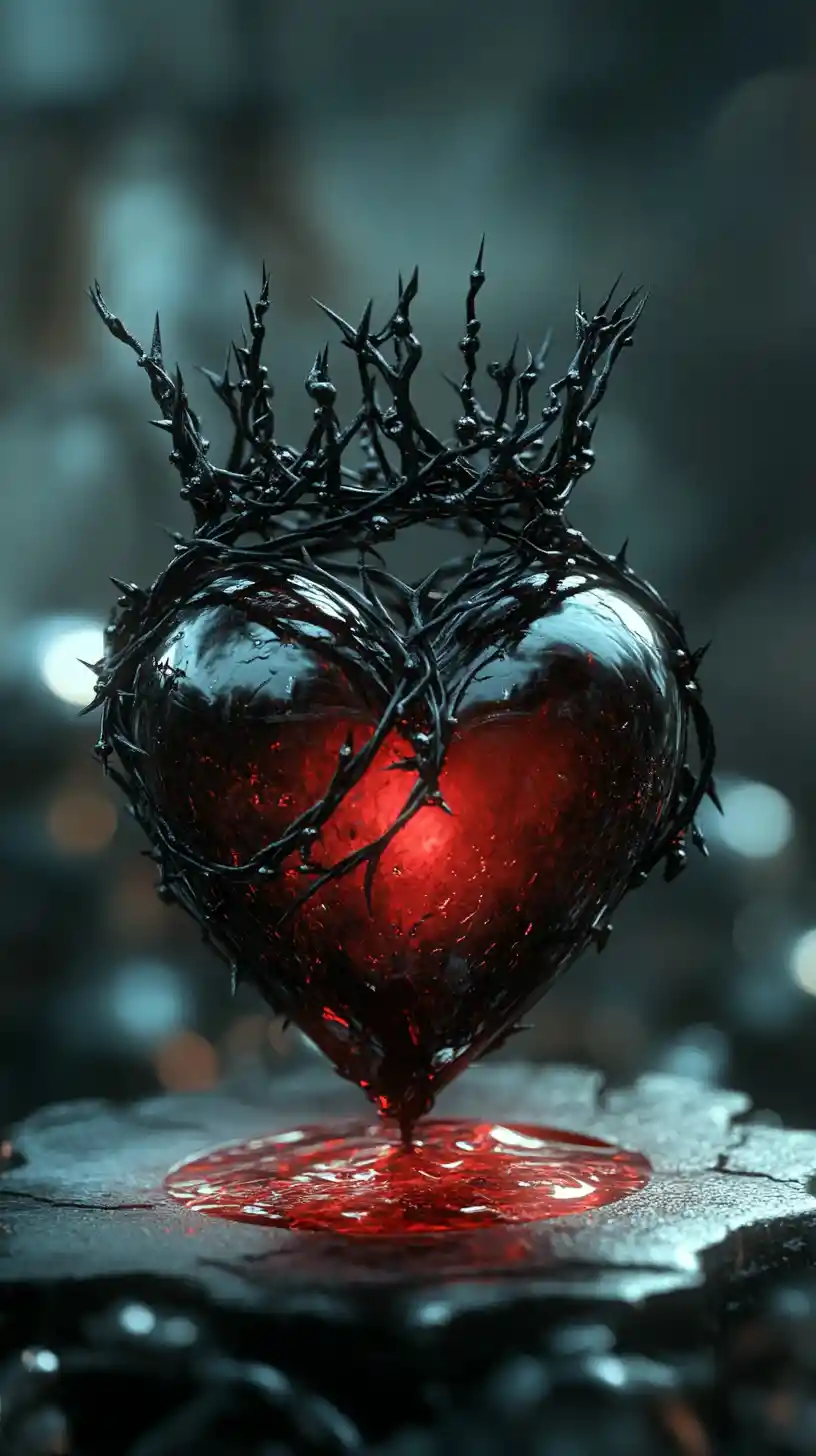Dark glass heart with thorn crown and red glow