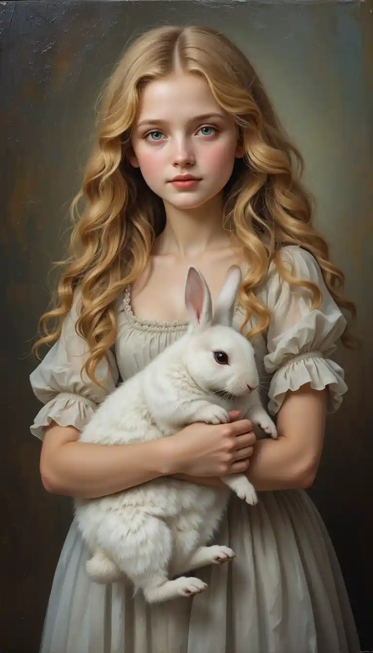 Young girl with golden curls holding a white rabbit