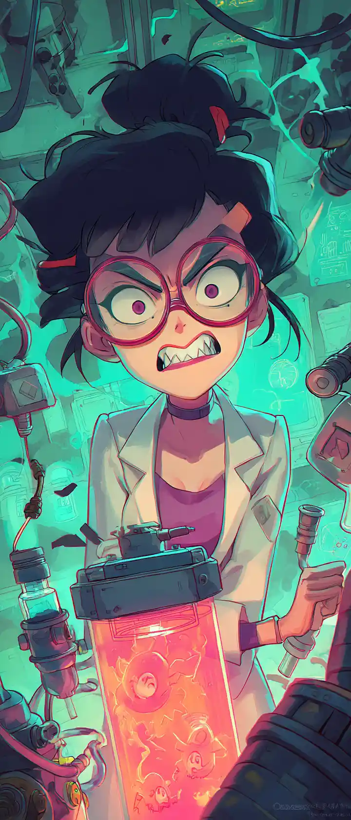 Anime scientist watching chaotic inventions erupt in her lab