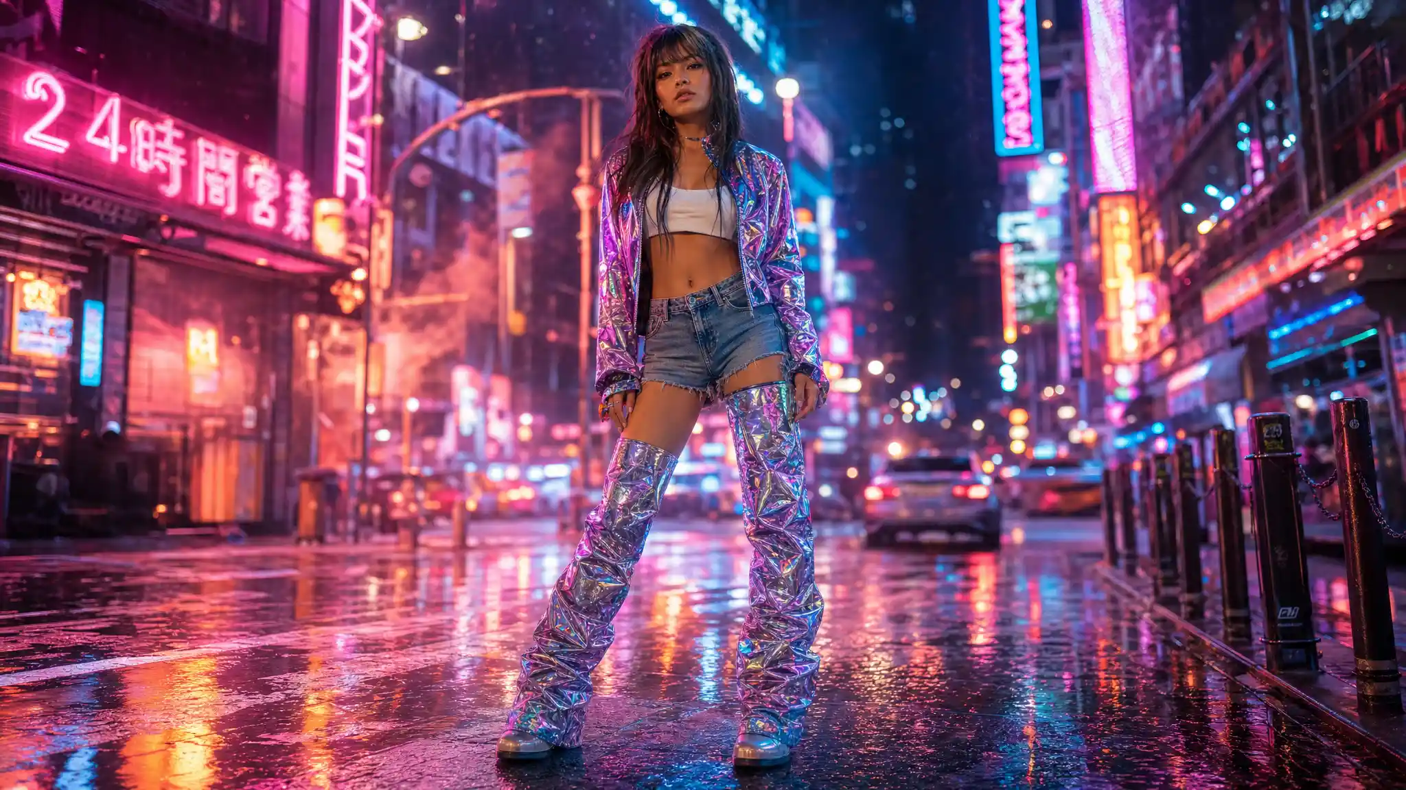 Neon lit woman standing confidently on futuristic city street