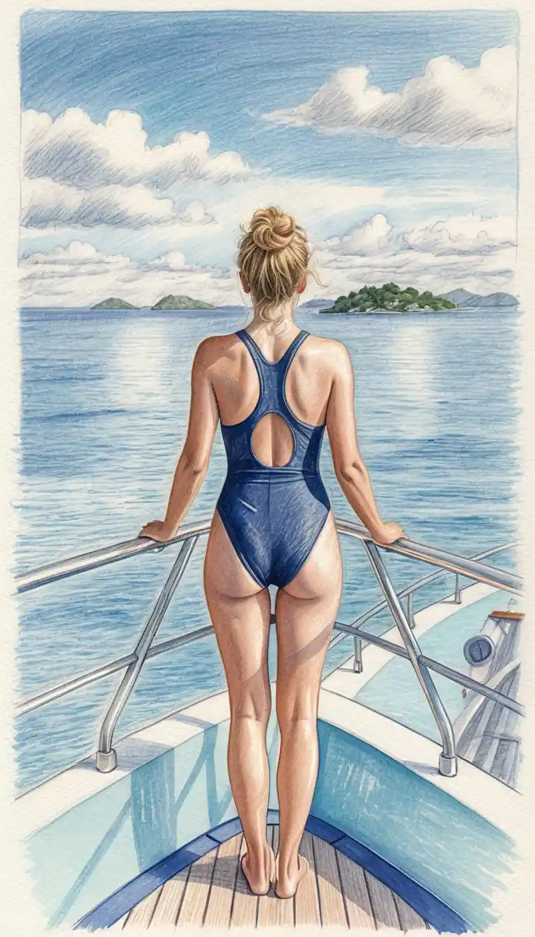 Woman In Navy Swimsuit On Yacht Deck At Turquoise Sea