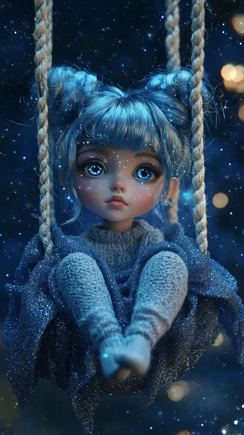 Dreamy doll like girl on a swing in starry sky