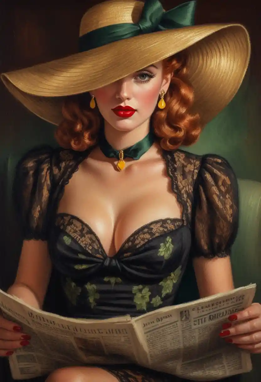 Vintage pin up woman reading a newspaper in chiaroscuro