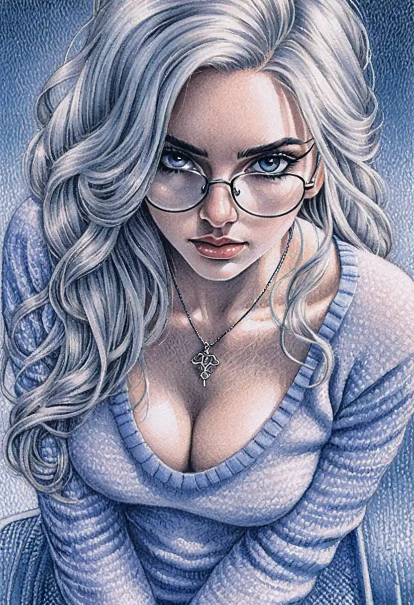 Woman with silver hair and glasses in pencil portrait
