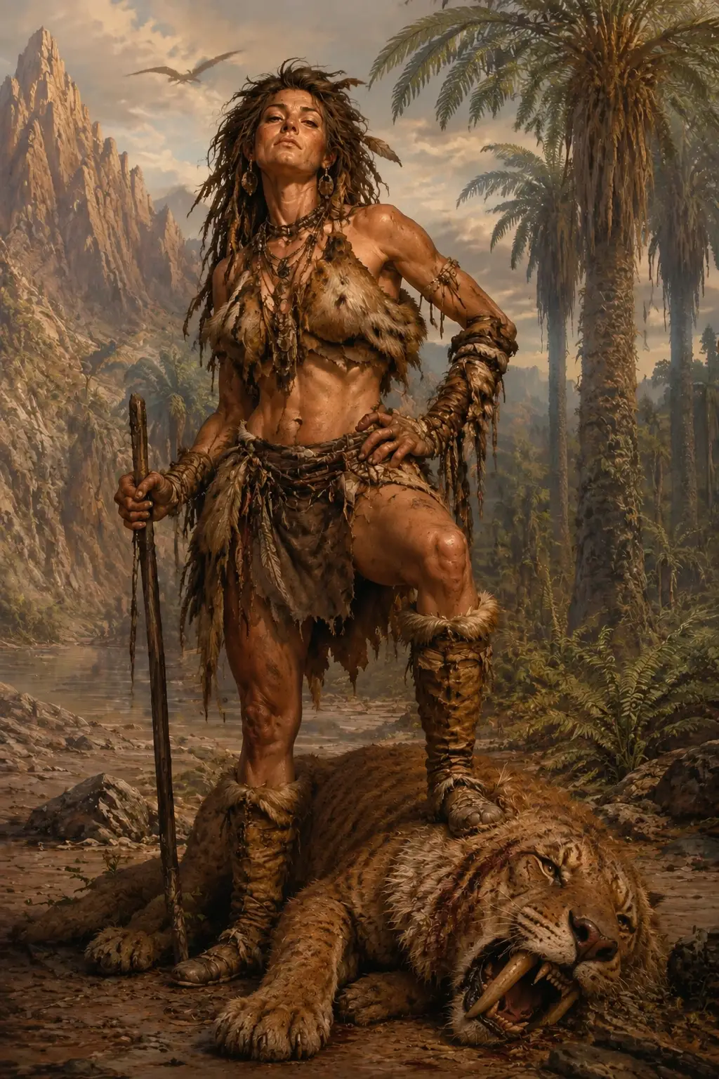 Prehistoric warrior woman standing over a defeated sabertooth tiger