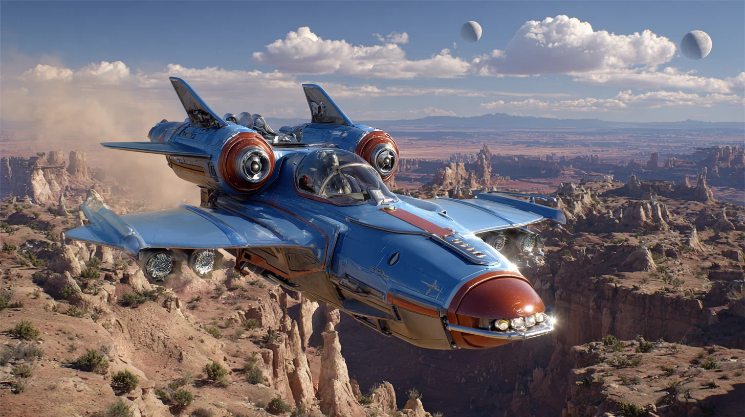 Futuristic land speeder jumps across alien desert canyon