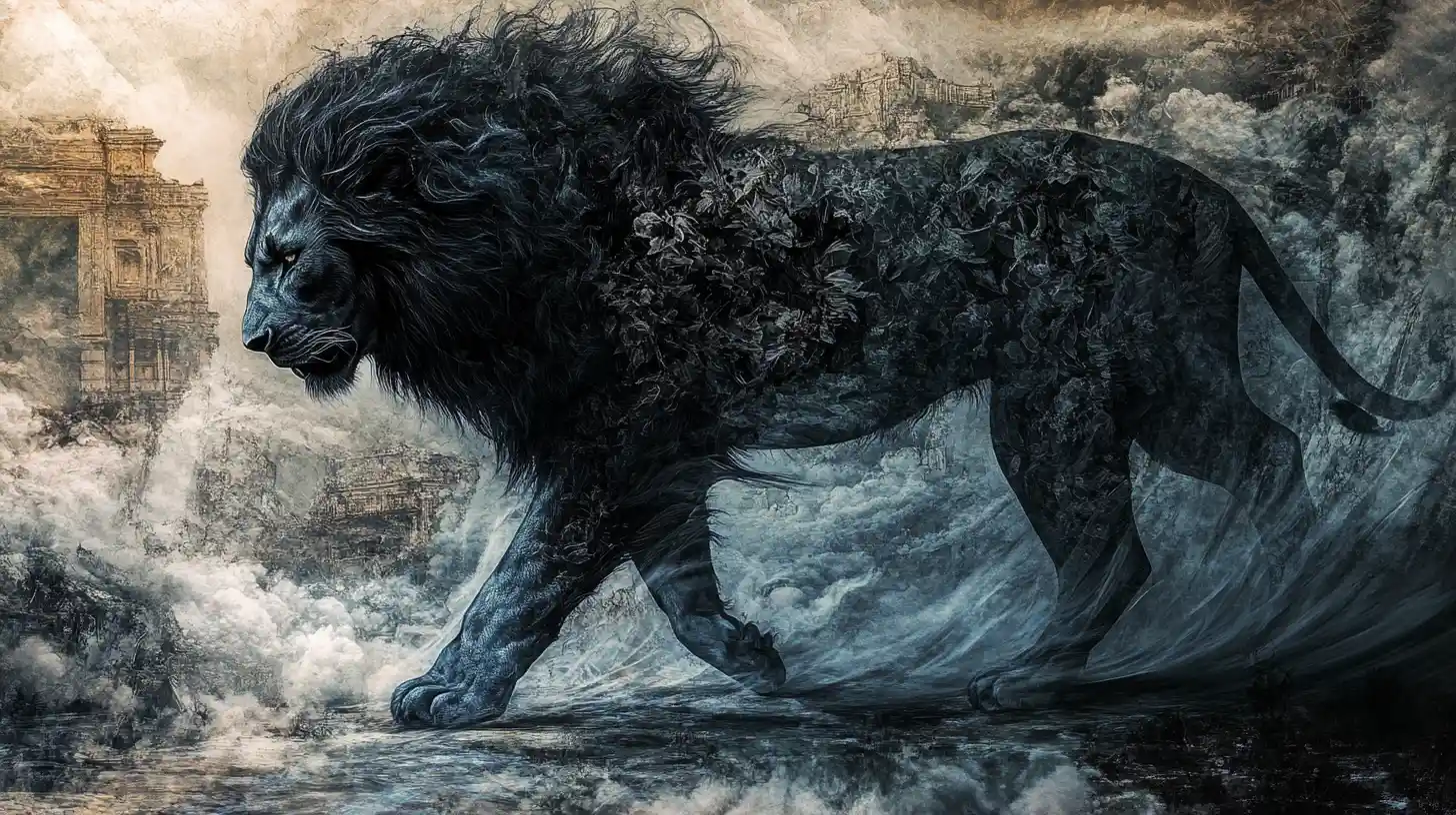 Surreal black lion illusion in a multi layered scene