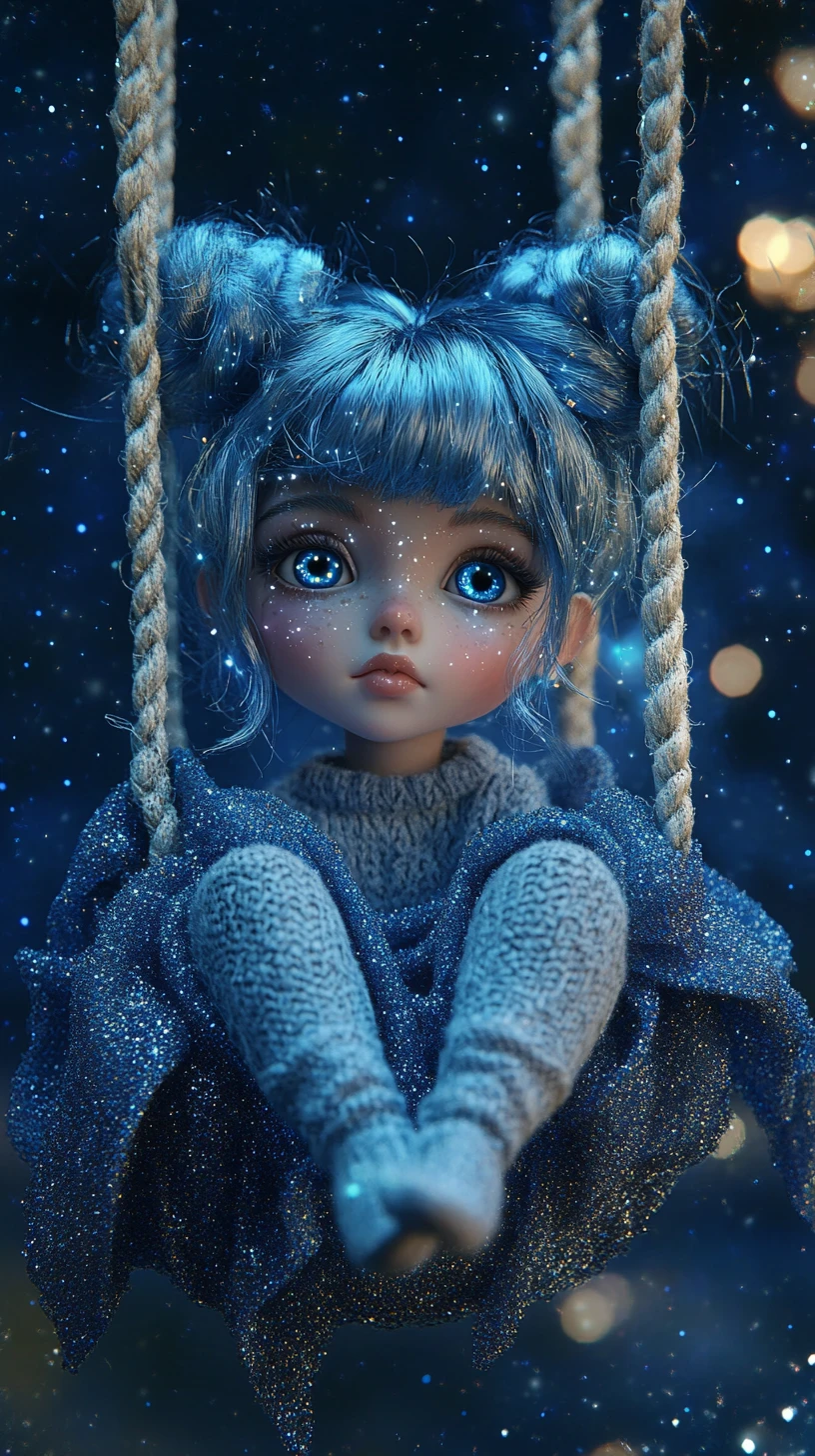 Chica de aspecto de muñeca en un columpio en un cielo estrellado y onírico