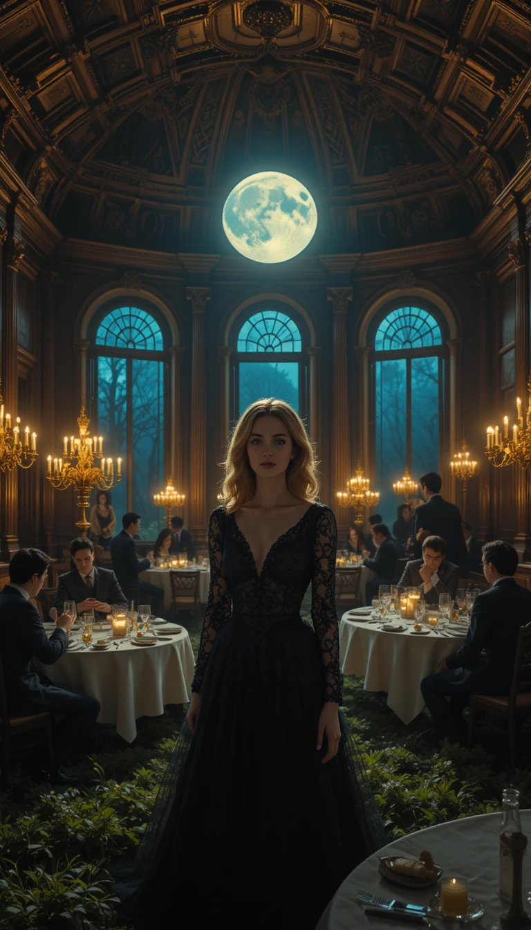 Woman in black lace in a moonlit surreal drawing room