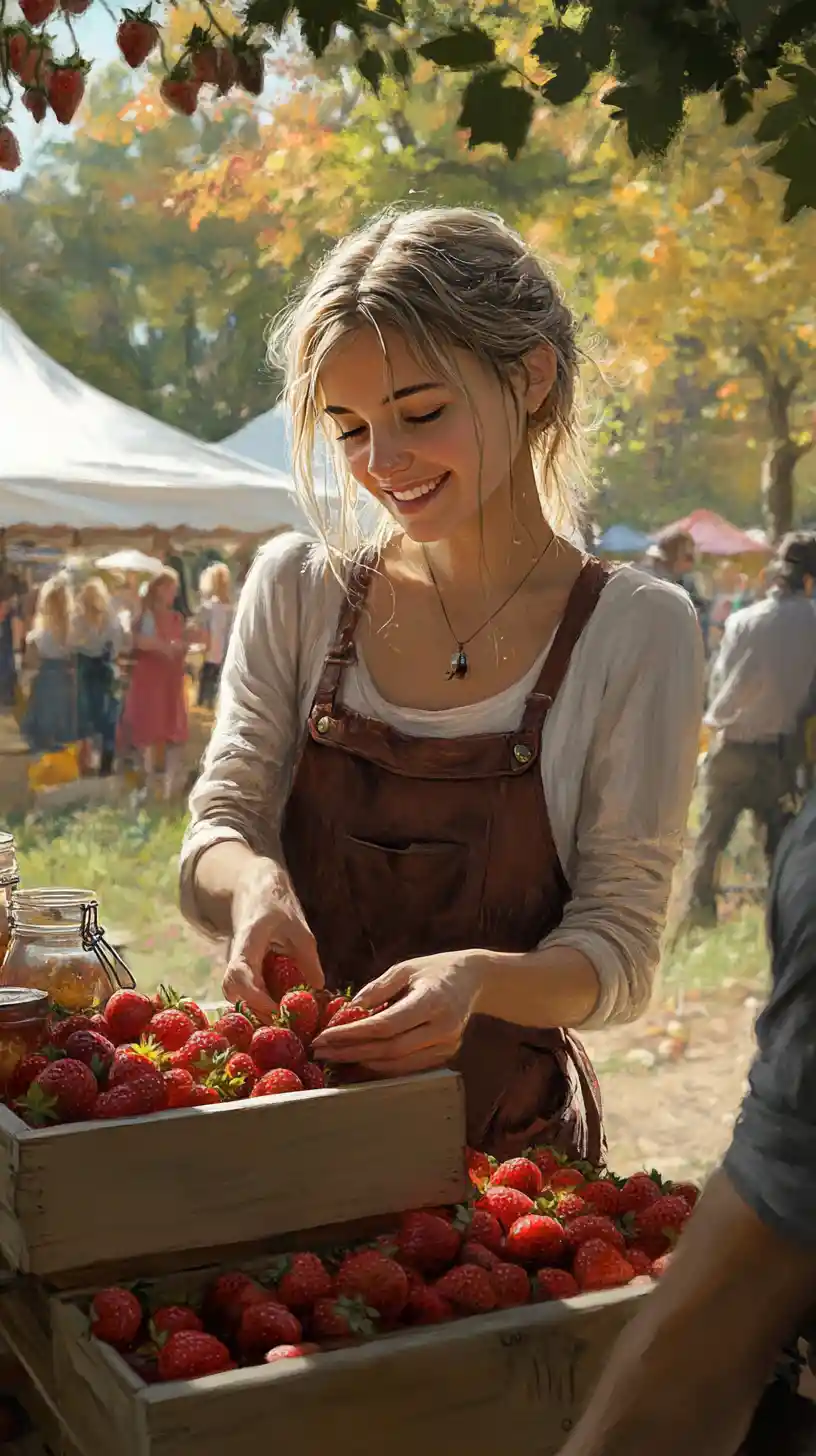 Bohemian woman arranging strawberries at autumn farmers market