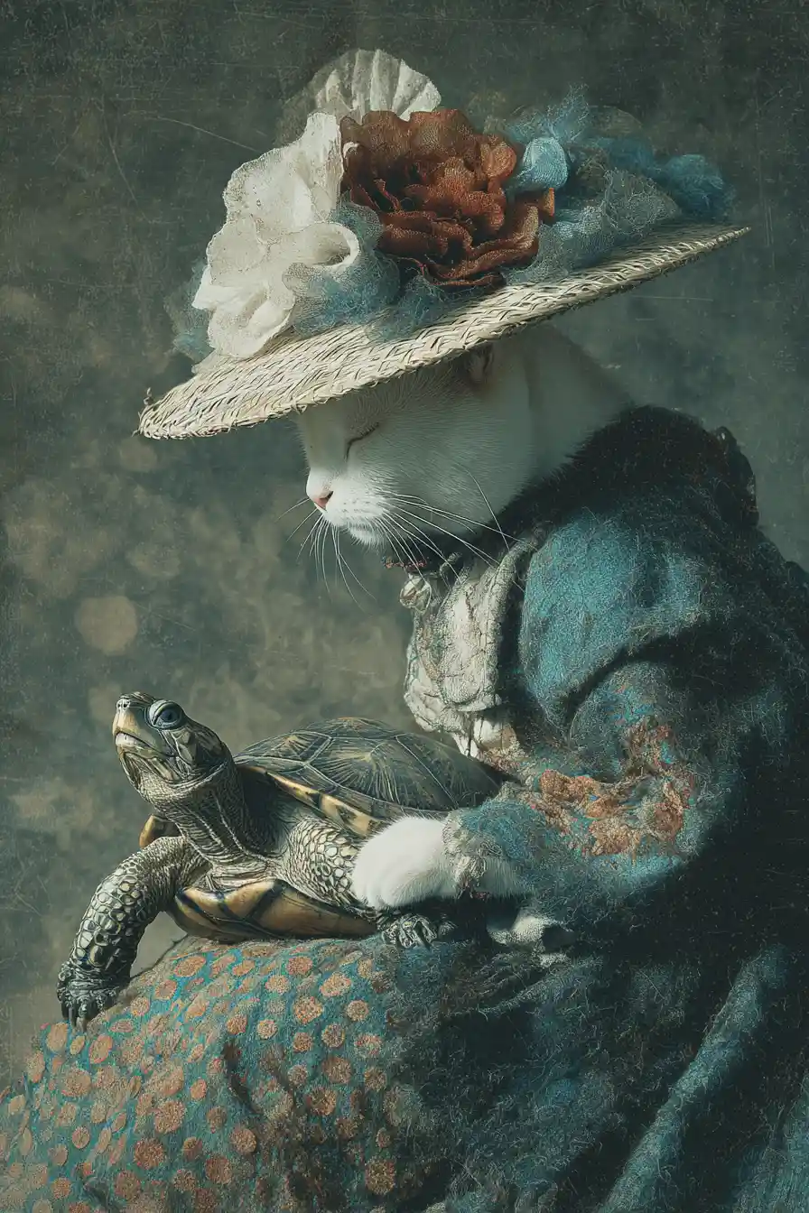 Anthropomorphic cat hatter placing paper hat on turtle