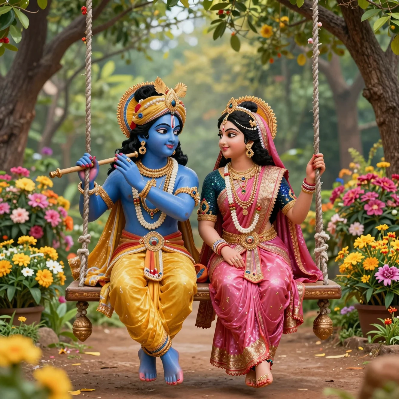 Loving couple seated on a swing in a flower garden
