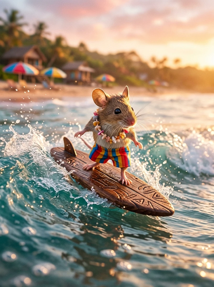 Little mouse surfing a wooden board on summer waves