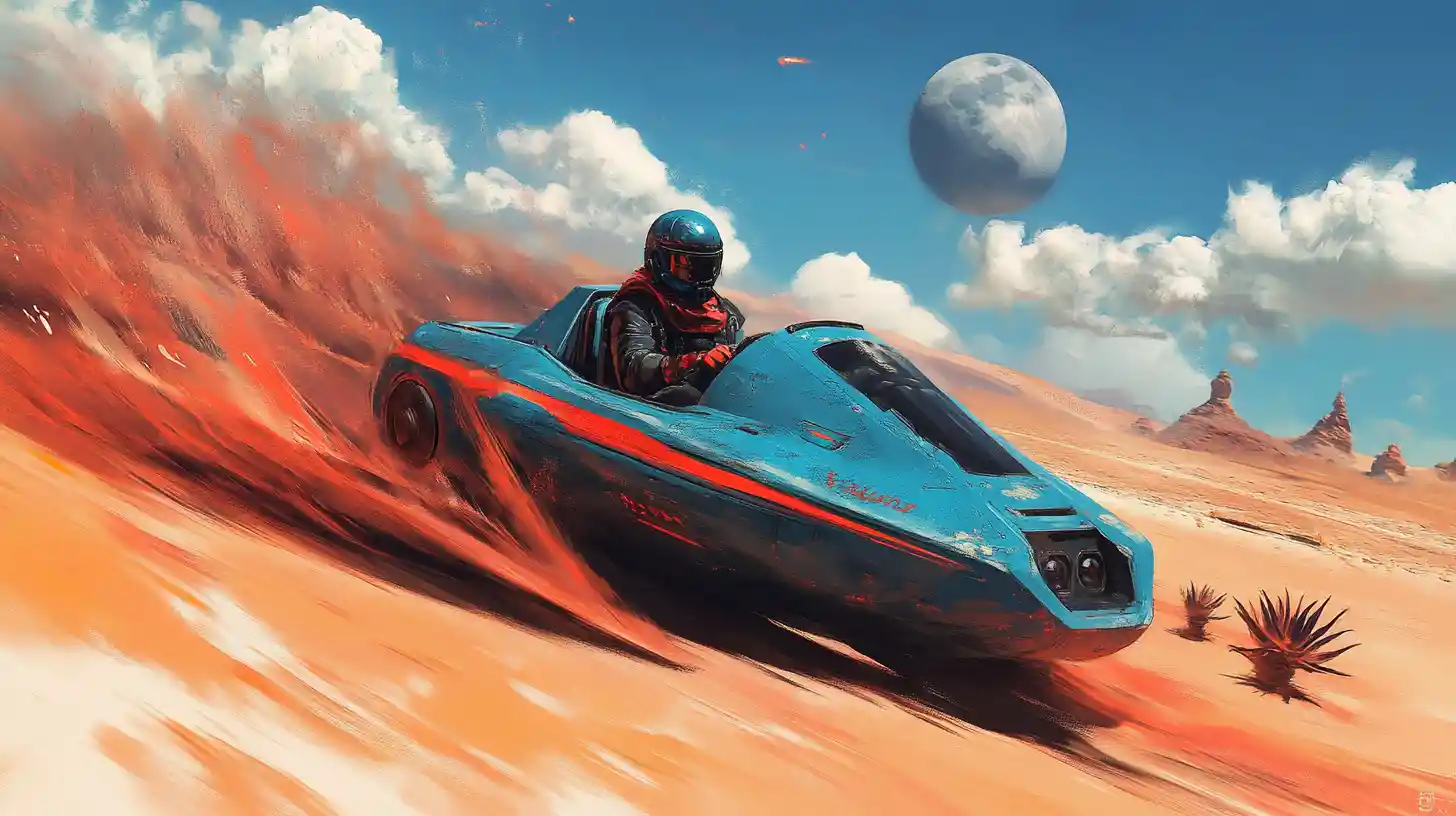 Futuristic speeder racing through an alien desert landscape