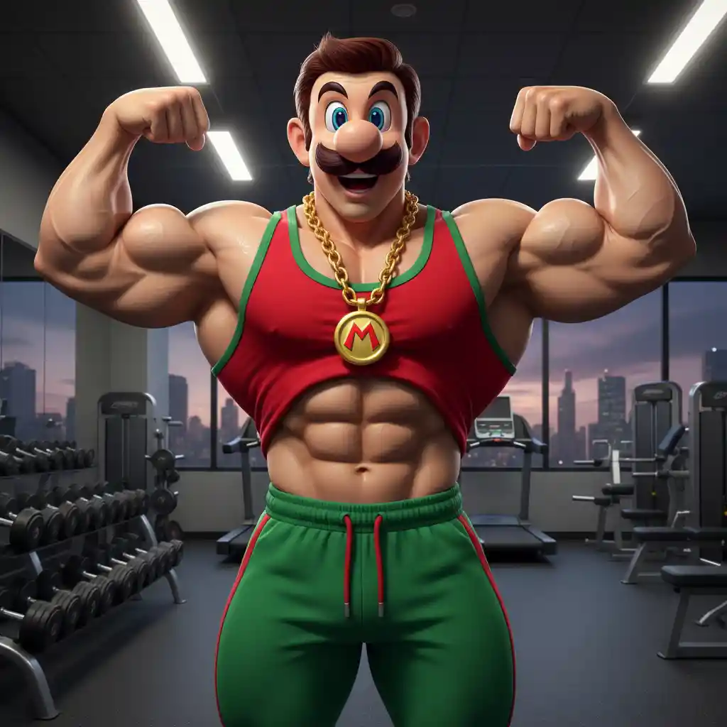 Muscular Luigi Posing Confidently In A Modern Gym
