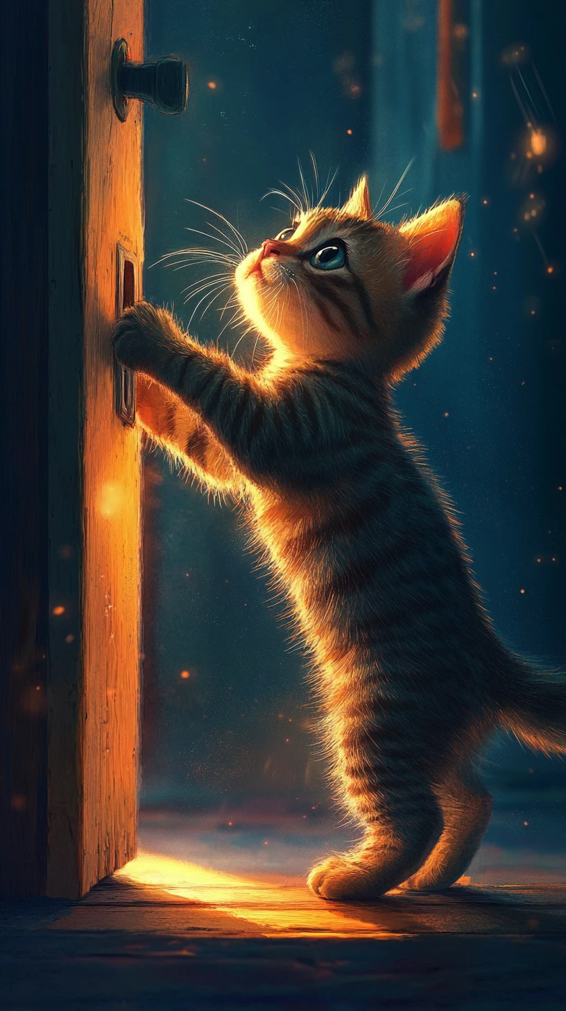 Cute tabby kitten standing up to open a door
