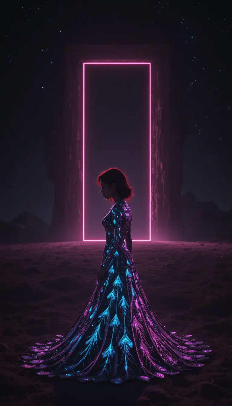 Korean woman guarding a glowing door in cosmic darkness