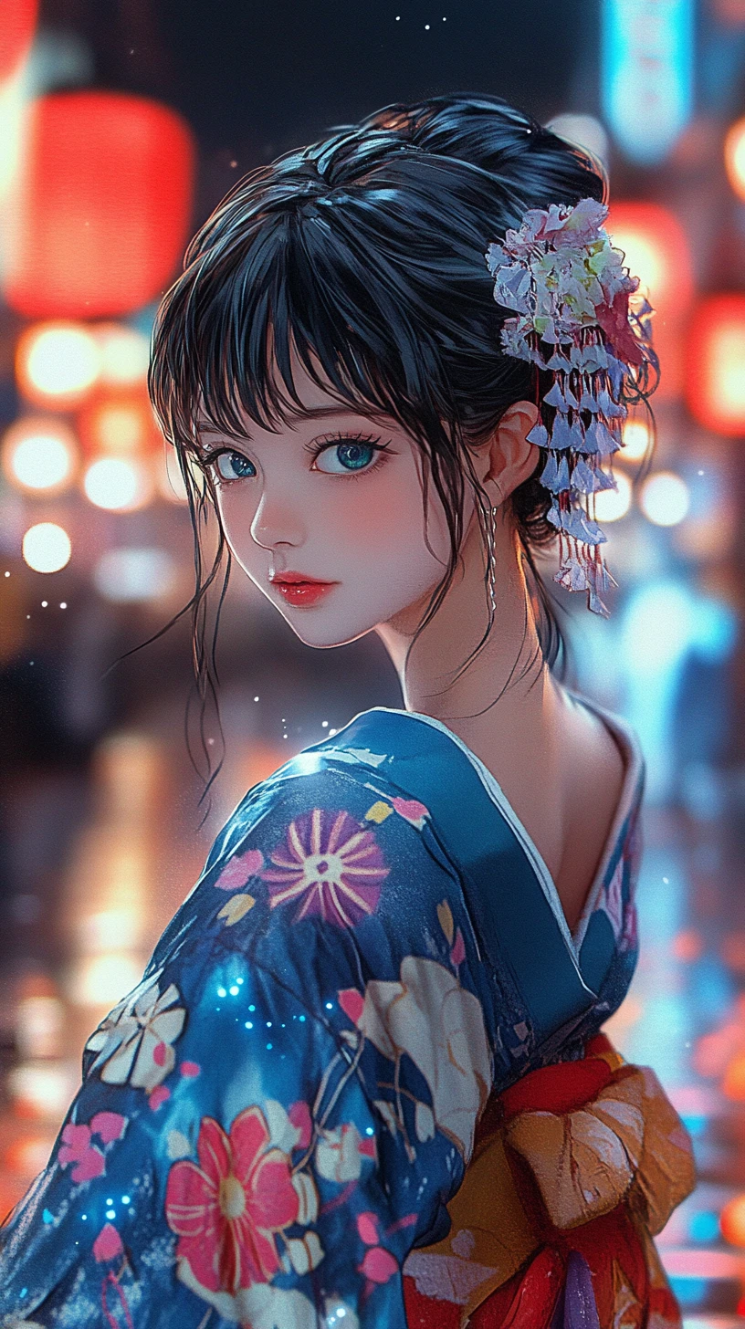 Stylish anime woman in kimono on neon lit street