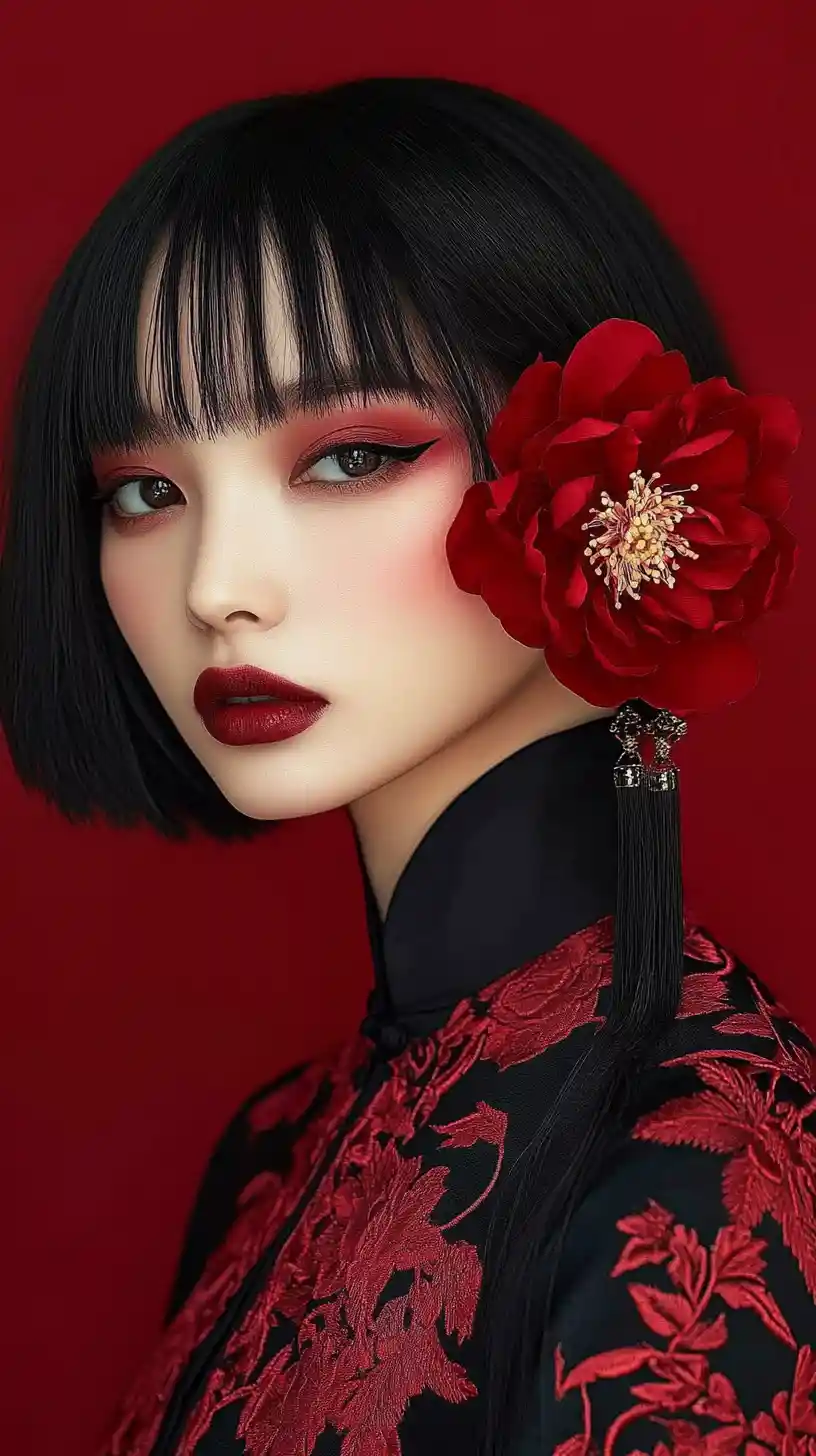 Elegant woman in black cheongsam with red peony bloom