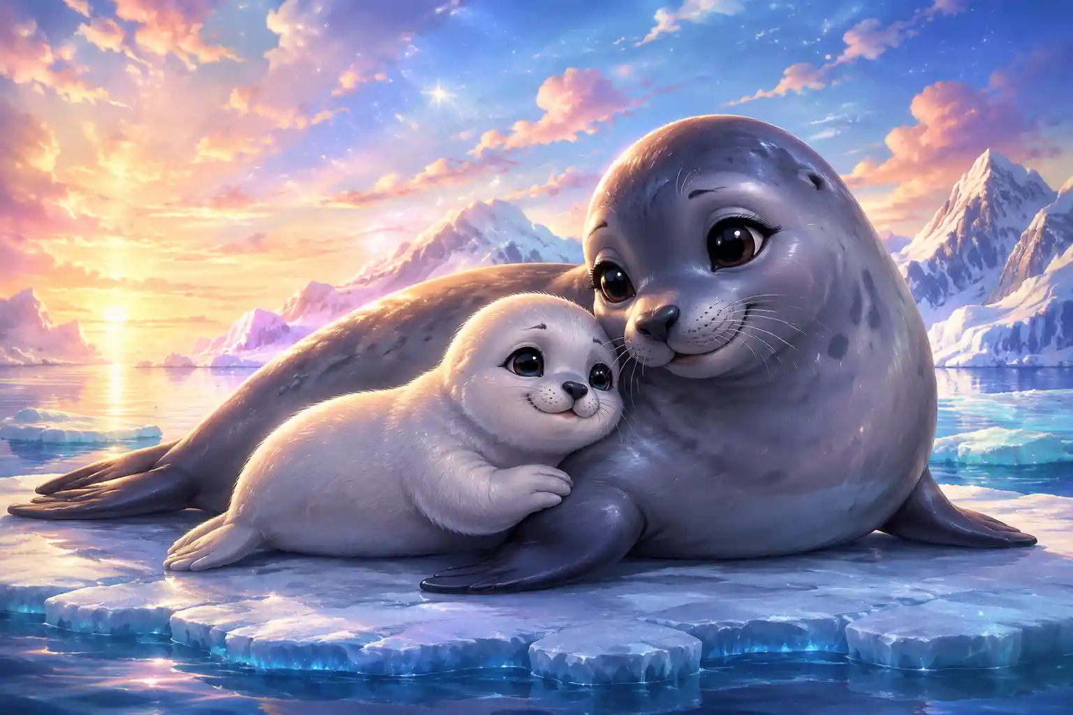 Pixar style baby seal cuddling against its mother on ice