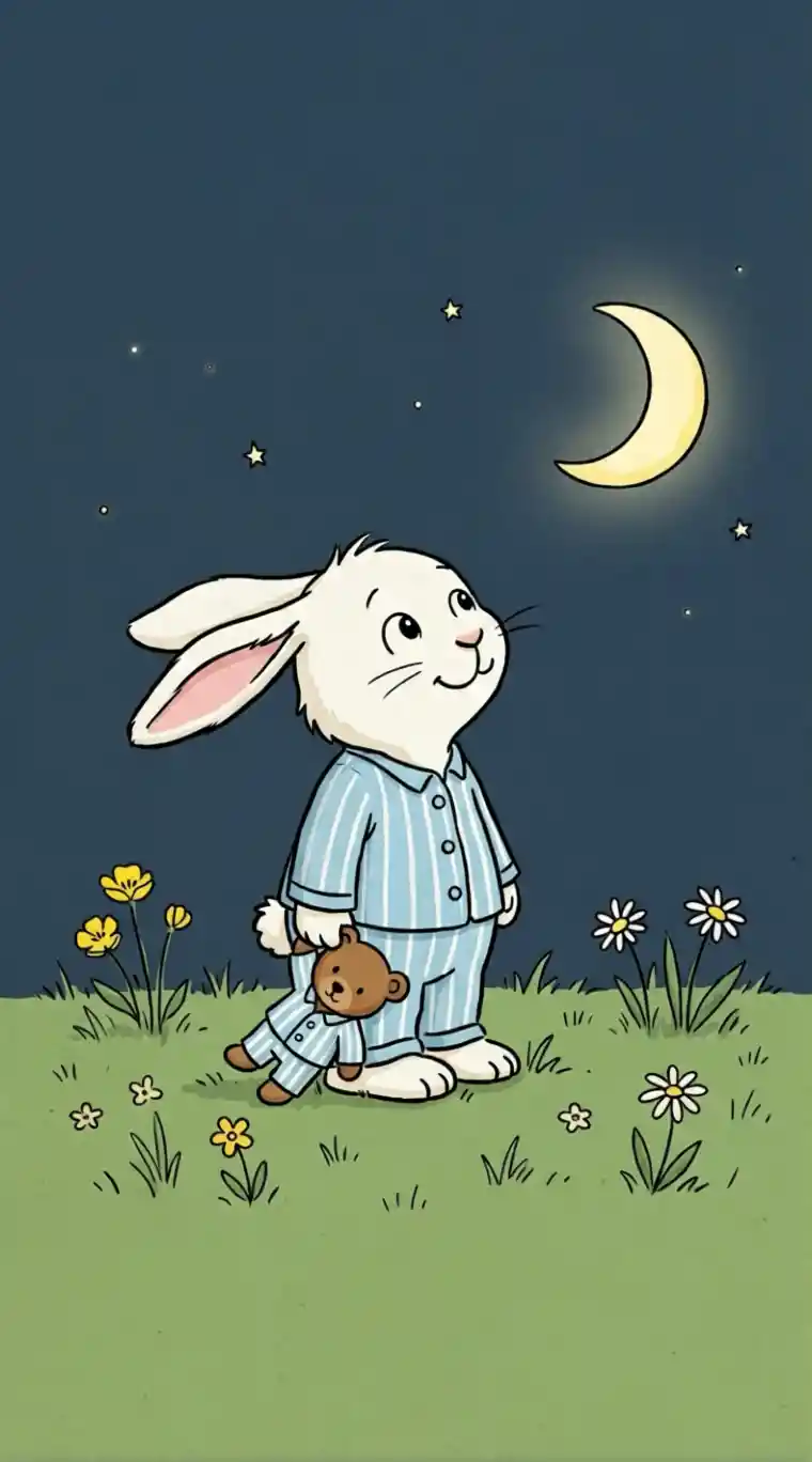 Little rabbit in pyjamas gazing at the moon in a meadow