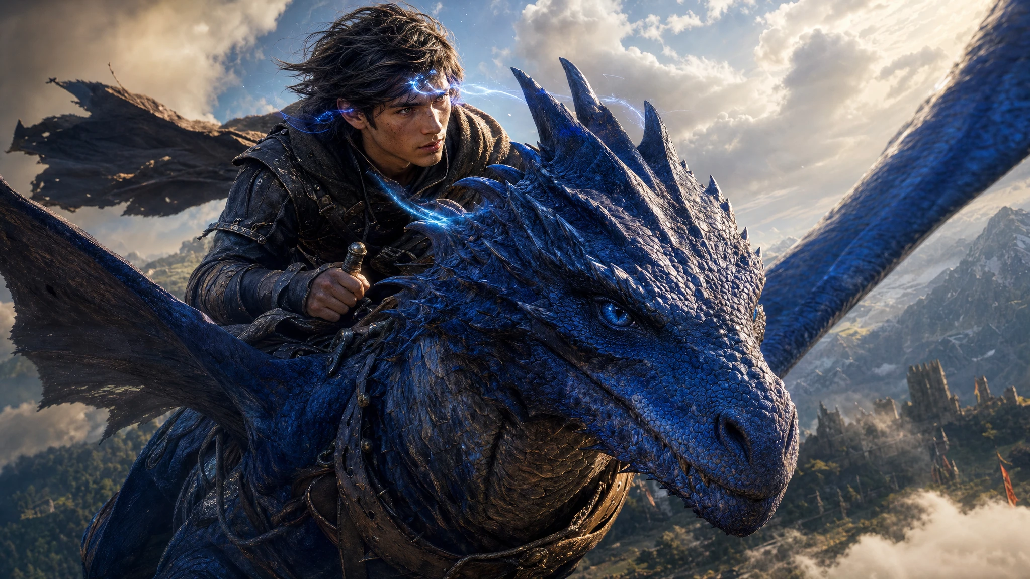 Dragon rider soaring above a vast fantasy landscape