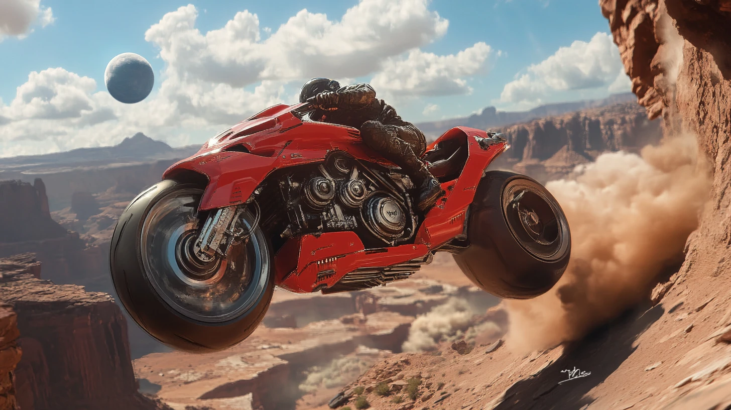 Red futuristic motorcycle jumping across an alien desert