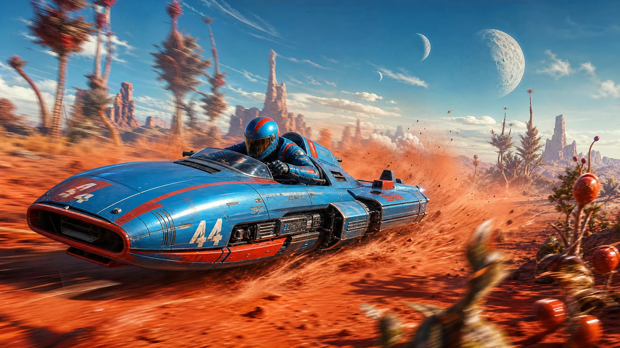 Sci fi speeder racing through an alien desert landscape