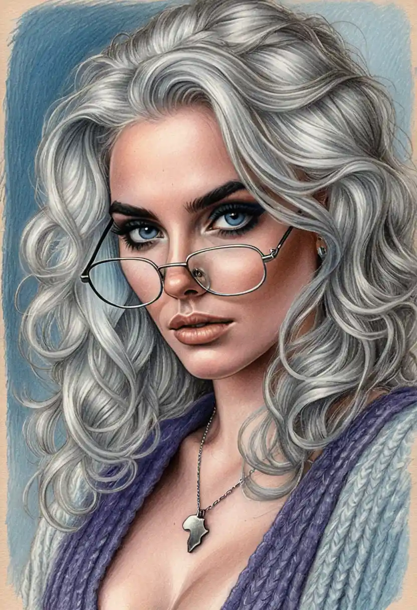 Woman with silver hair in colored pencil portrait