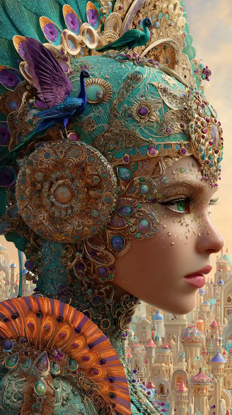 Ornate jeweled woman in profile with peacock headdress
