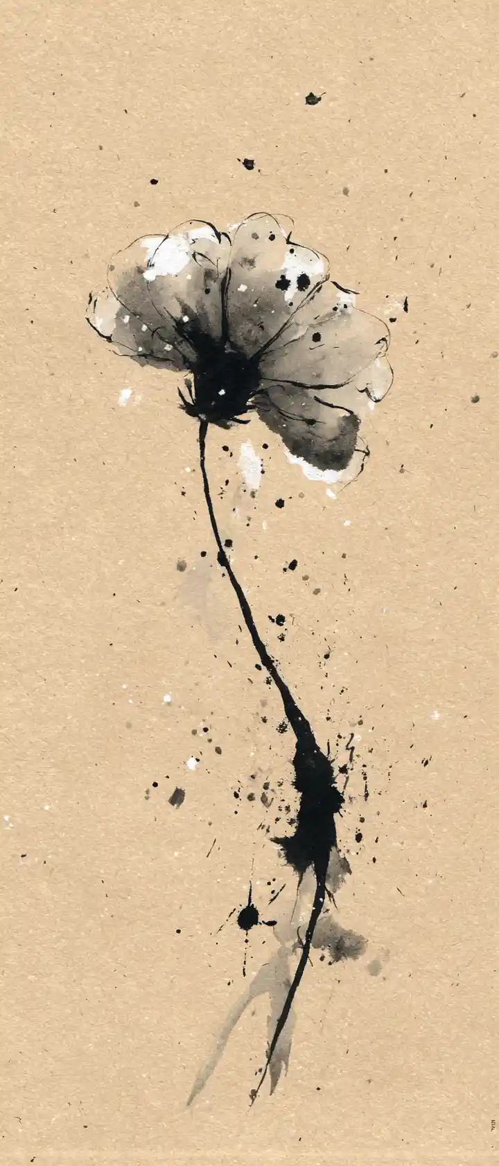 Minimale Tintenblume mit expressiven Pinselstrichen und Gesicht