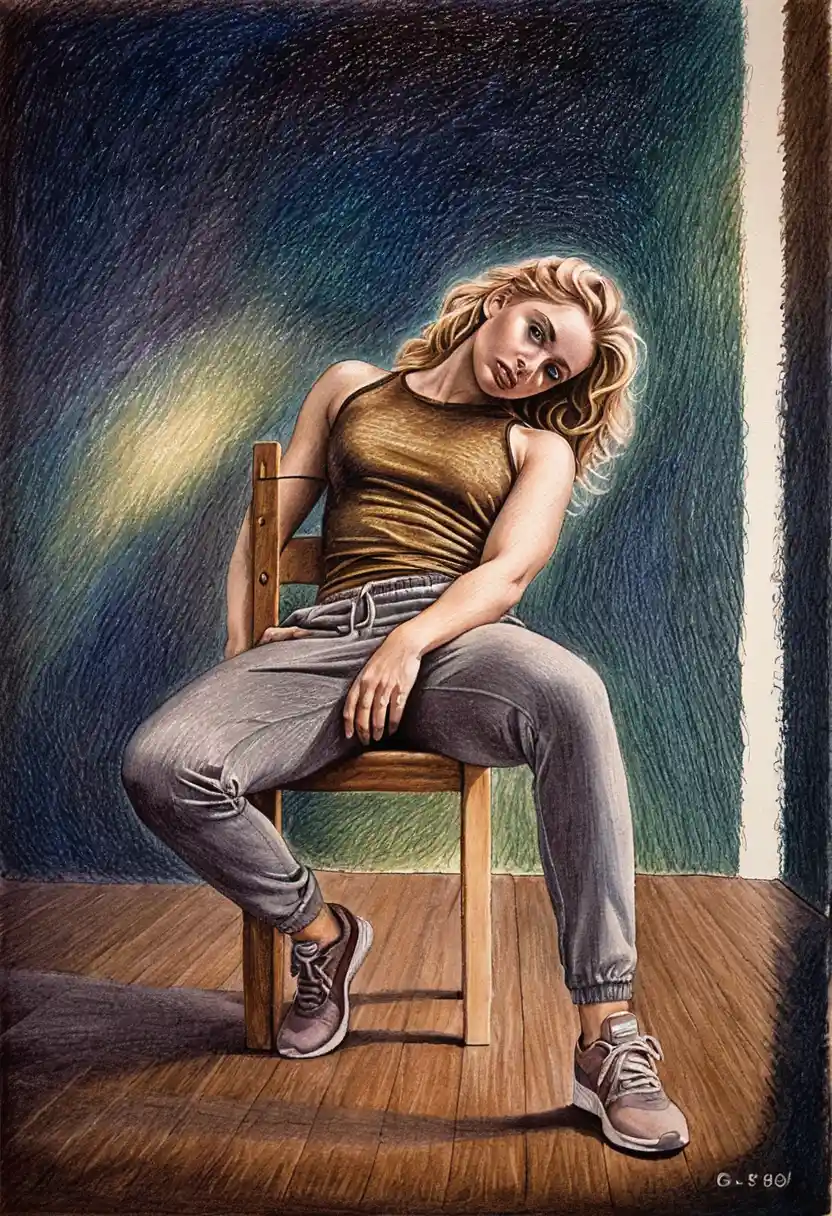 Seated blonde woman in spotlight on wooden chair