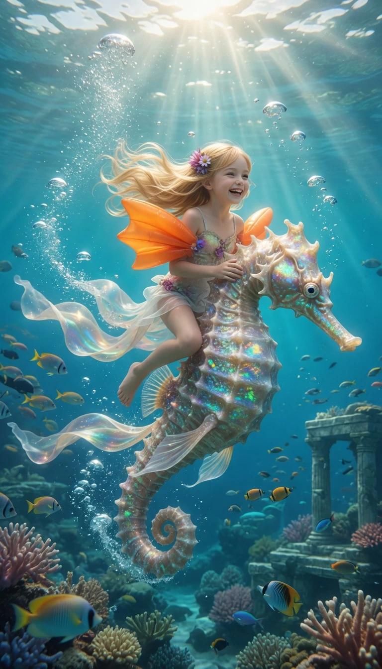 Joyful girl riding a giant seahorse in clear ocean
