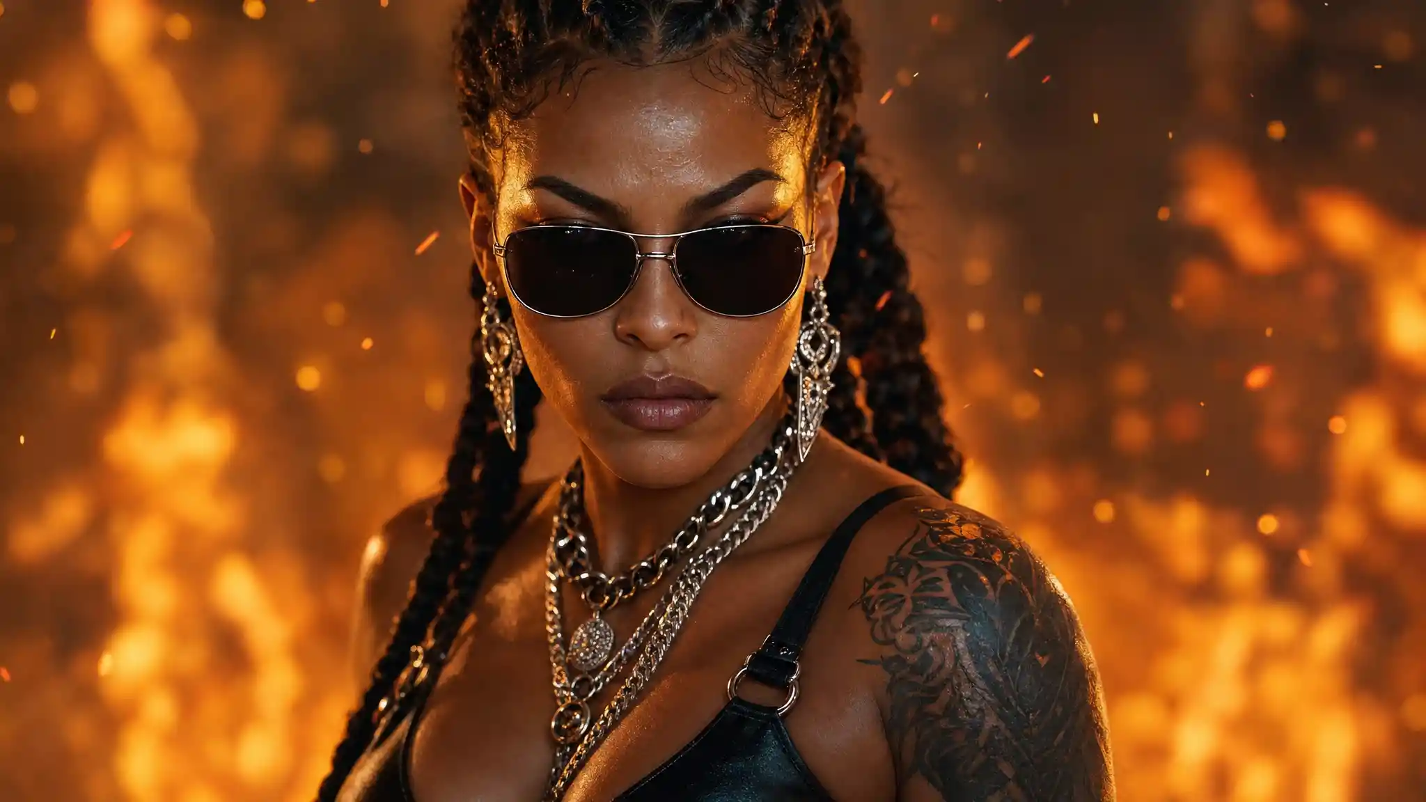 Fierce braided woman before roaring wall of flames