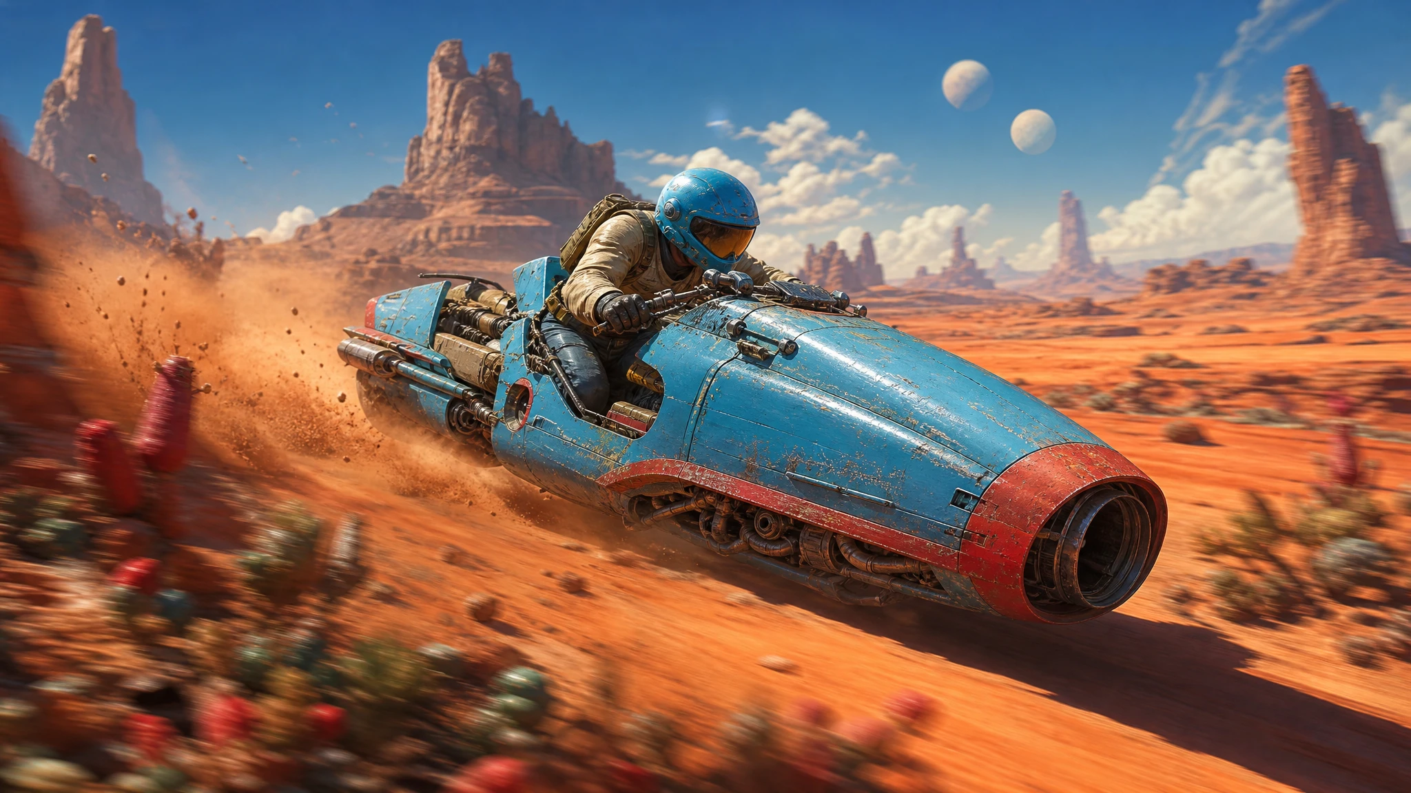 Sci fi speeder racing across a rugged alien desert