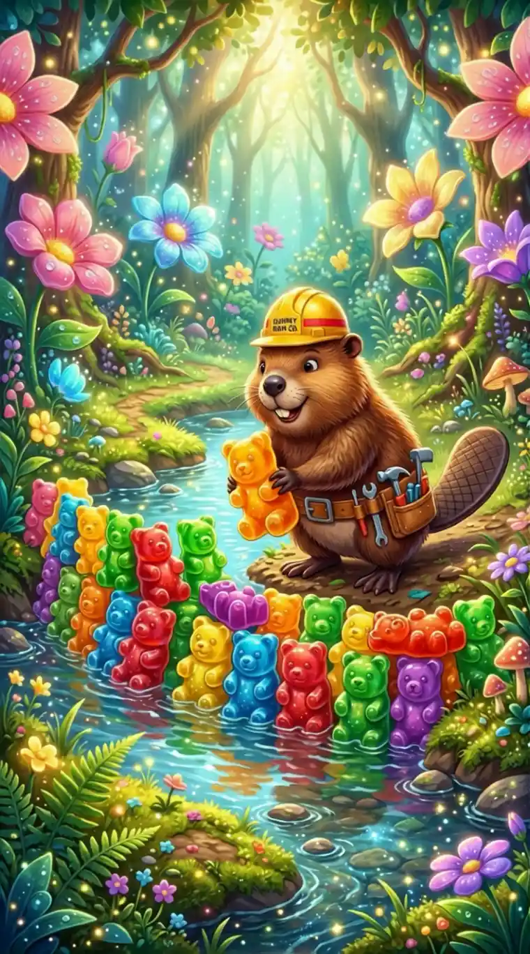 Playful beaver building a gummy bear dam in forest
